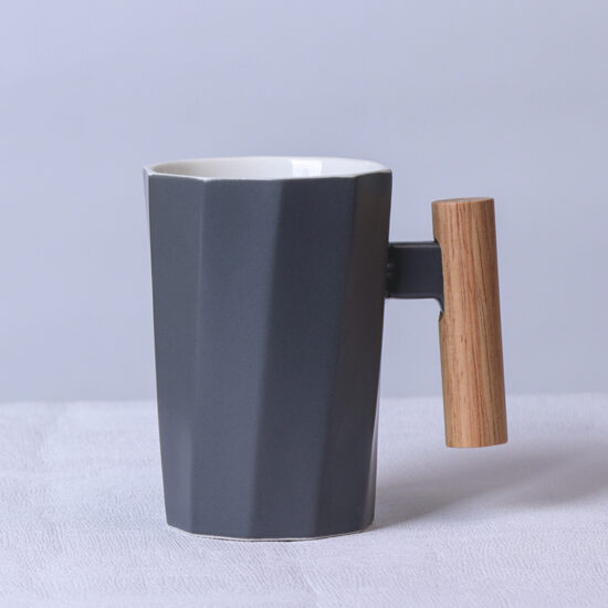 Nordic style ceramic mug with wooden handle for office and gift use
