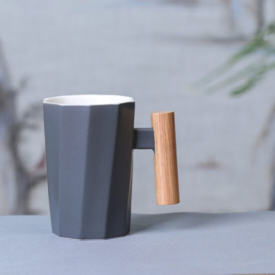 Nordic style ceramic mug with wooden handle for office and gift use