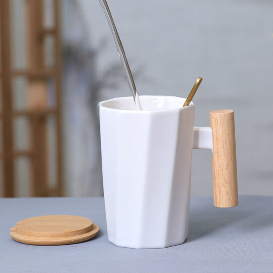 Nordic style ceramic mug with wooden handle for office and gift use