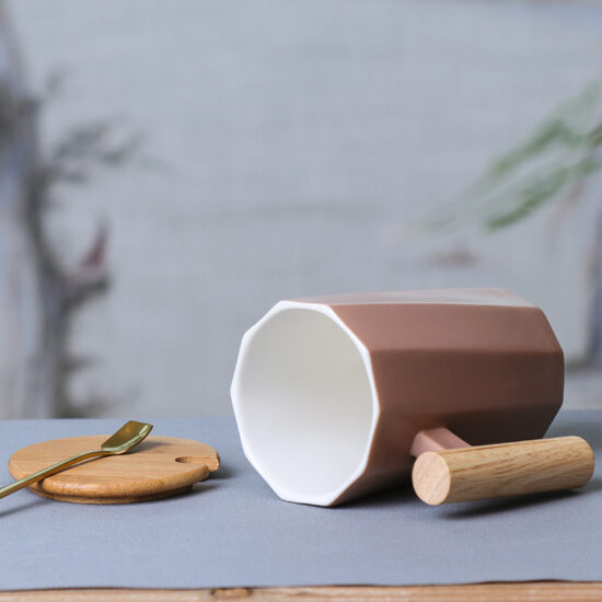 Nordic style ceramic mug with wooden handle for office and gift use