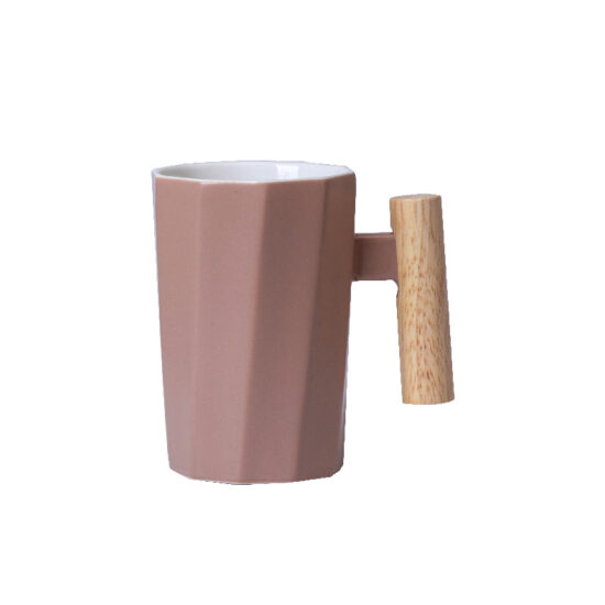 Nordic style ceramic mug with wooden handle for office and gift use