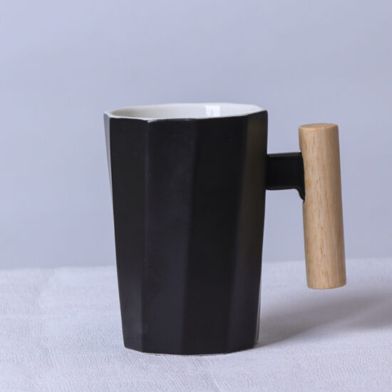 Nordic style ceramic mug with wooden handle for office and gift use