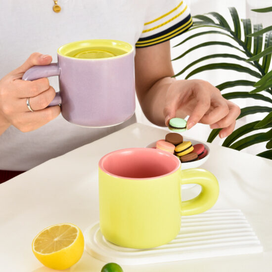 Macaron pastel ceramic mug with oversized handle for coffee or gift use