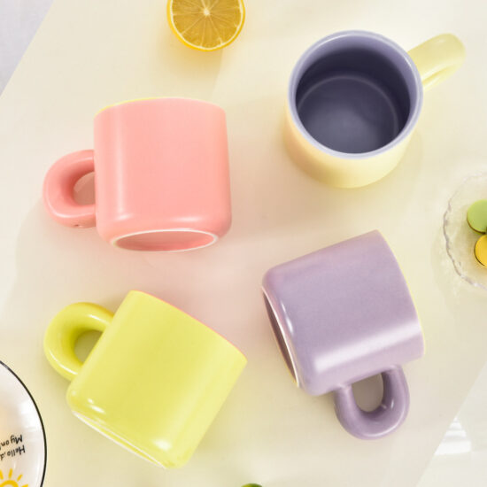 Macaron pastel ceramic mug with oversized handle for coffee or gift use