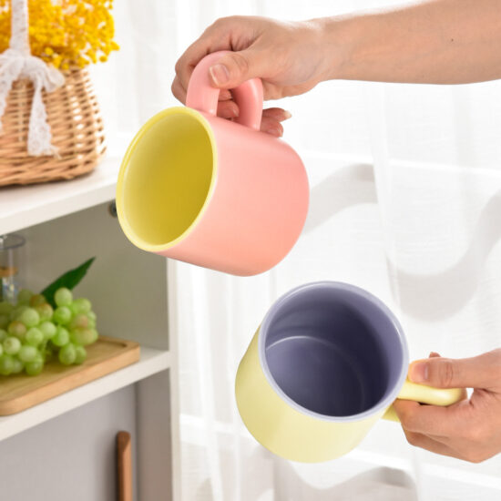 Macaron pastel ceramic mug with oversized handle for coffee or gift use