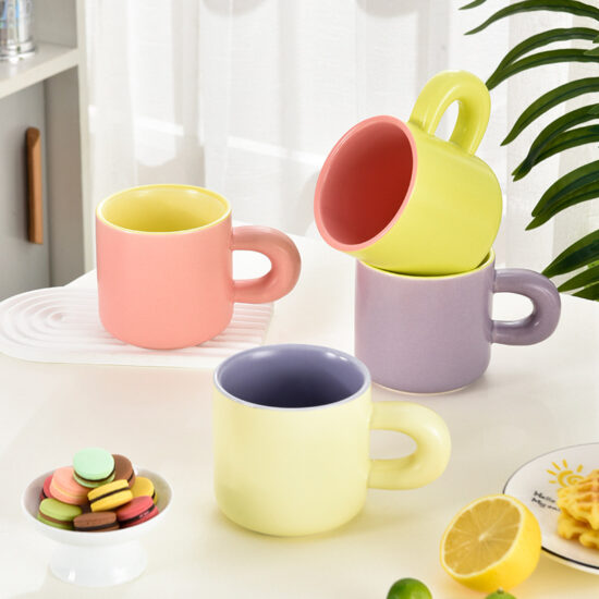 Macaron pastel ceramic mug with oversized handle for coffee or gift use