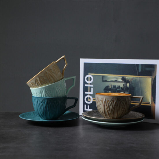 Vintage kiln-glazed ceramic coffee cup and saucer set for tea or espresso