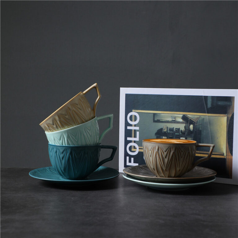 Vintage kiln-glazed ceramic coffee cup and saucer set for tea or espresso