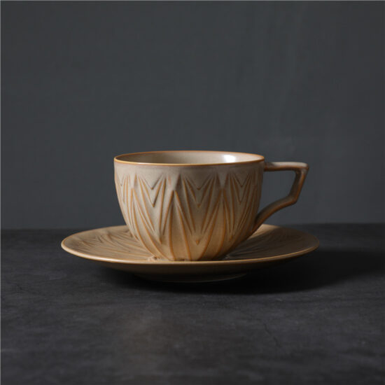 Vintage kiln-glazed ceramic coffee cup and saucer set for tea or espresso