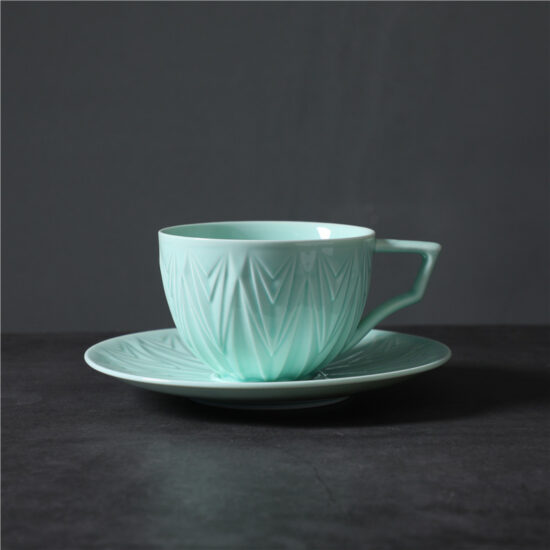 Vintage kiln-glazed ceramic coffee cup and saucer set for tea or espresso