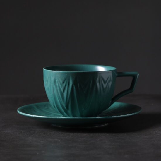 Vintage kiln-glazed ceramic coffee cup and saucer set for tea or espresso