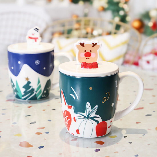 Christmas ceramic couple mugs with reindeer and snowman designs