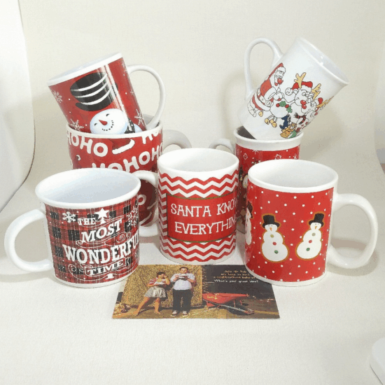 Christmas ceramic couple mugs with reindeer and snowman designs