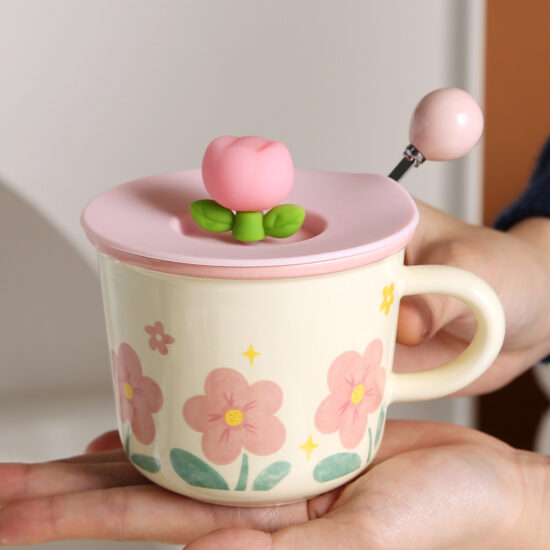 Tulip Ceramic Mug with Lid and Spoon – Cute Floral Cup for Office or Student Use