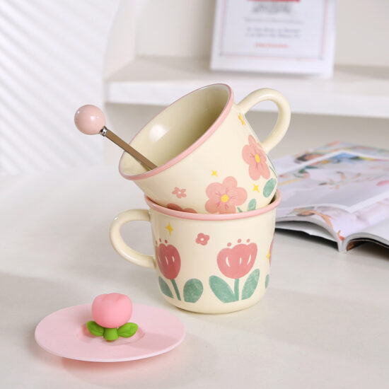 Tulip Ceramic Mug with Lid and Spoon – Cute Floral Cup for Office or Student Use