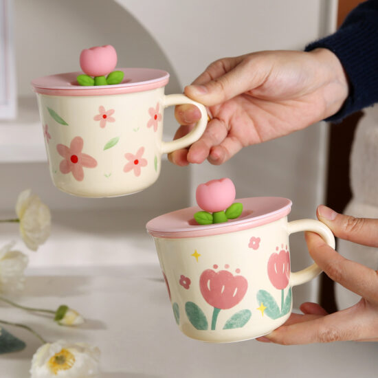 Tulip Ceramic Mug with Lid and Spoon – Cute Floral Cup for Office or Student Use