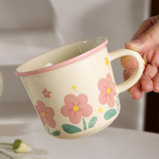 Tulip Ceramic Mug with Lid and Spoon – Cute Floral Cup for Office or Student Use