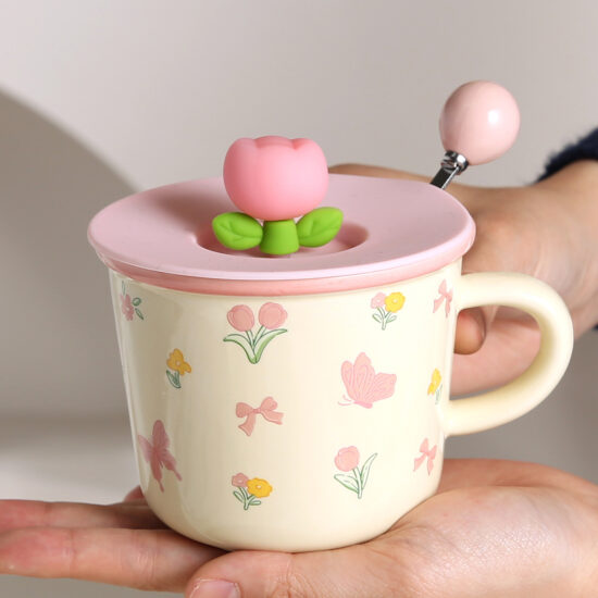 Tulip Ceramic Mug with Lid and Spoon – Cute Floral Cup for Office or Student Use
