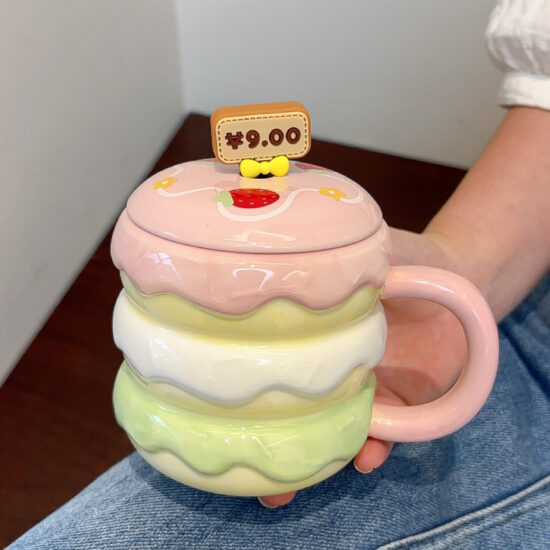 Creative Hamburger Ceramic Mug with Lid and Spoon – Cute Couple Coffee Cup