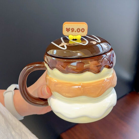 Creative Hamburger Ceramic Mug with Lid and Spoon – Cute Couple Coffee Cup
