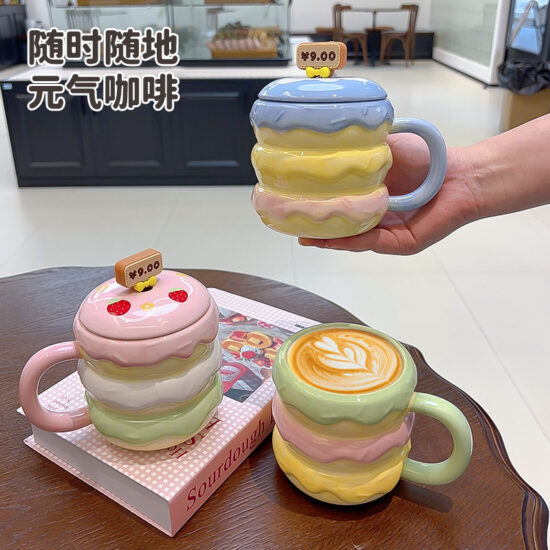 Creative Hamburger Ceramic Mug with Lid and Spoon – Cute Couple Coffee Cup
