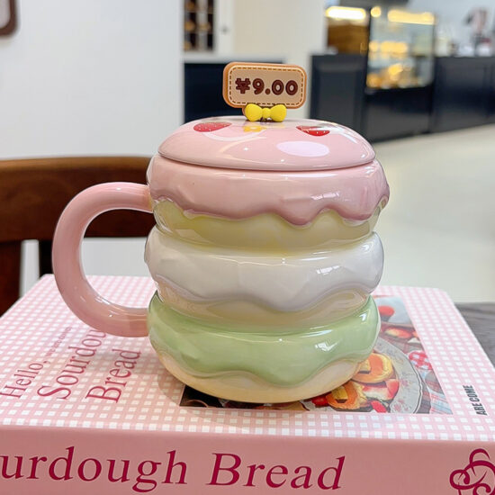 Creative Hamburger Ceramic Mug with Lid and Spoon – Cute Couple Coffee Cup
