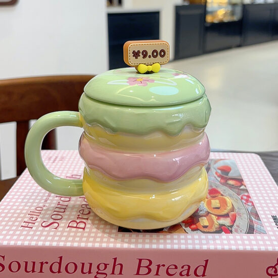 Creative Hamburger Ceramic Mug with Lid and Spoon – Cute Couple Coffee Cup