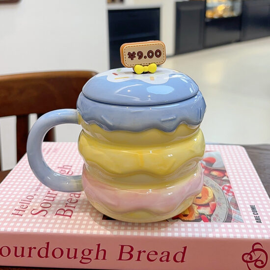 Creative Hamburger Ceramic Mug with Lid and Spoon – Cute Couple Coffee Cup