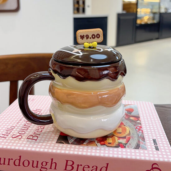 Creative Hamburger Ceramic Mug with Lid and Spoon – Cute Couple Coffee Cup