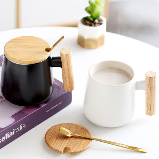 Custom logo ceramic mug with wooden handle and lid for business gifts