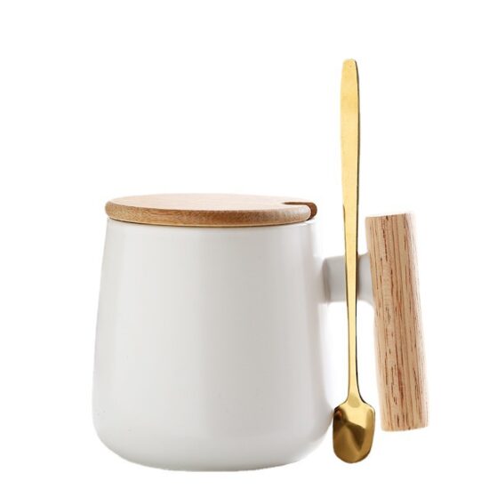 Custom logo ceramic mug with wooden handle and lid for business gifts