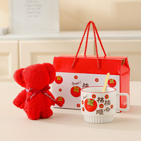 Ceramic mug gift set with towel bear for business or event gifts