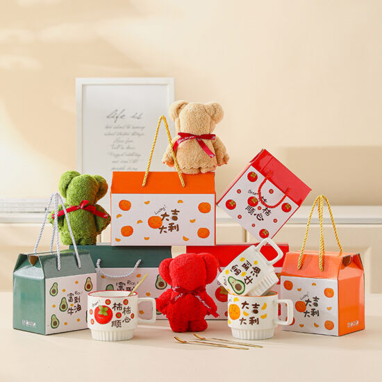 Ceramic mug gift set with towel bear for business or event gifts