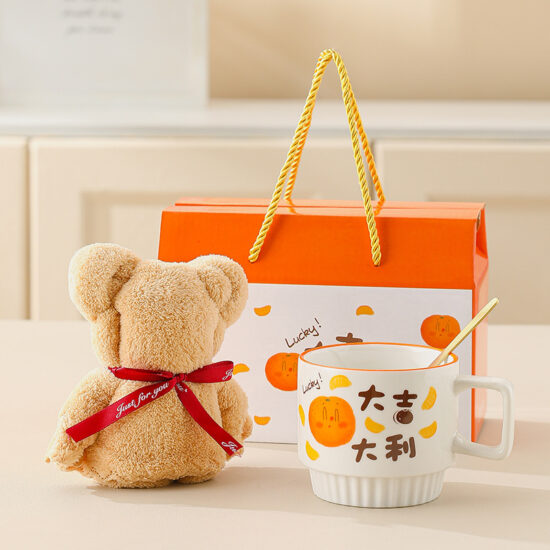 Ceramic mug gift set with towel bear for business or event gifts