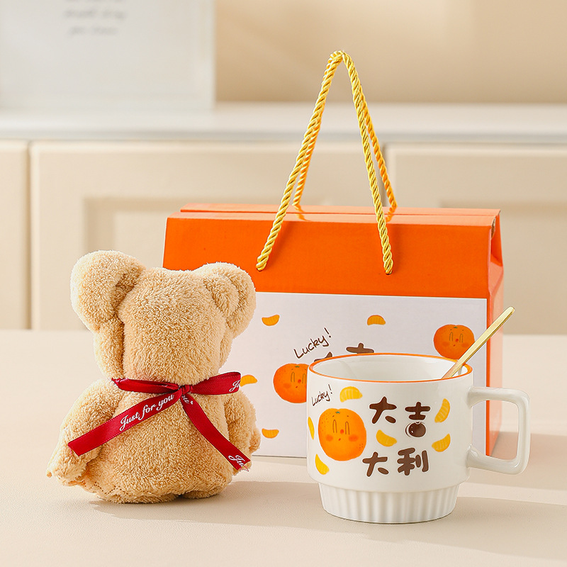 Ceramic mug gift set with towel bear for business or event gifts