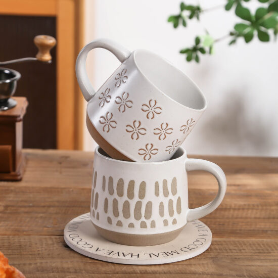 Rustic stoneware ceramic coffee mug with large capacity for office and home use