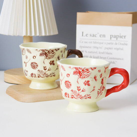 Vintage Rose Ceramic Mug with Footed Base – Gift Cup for Women