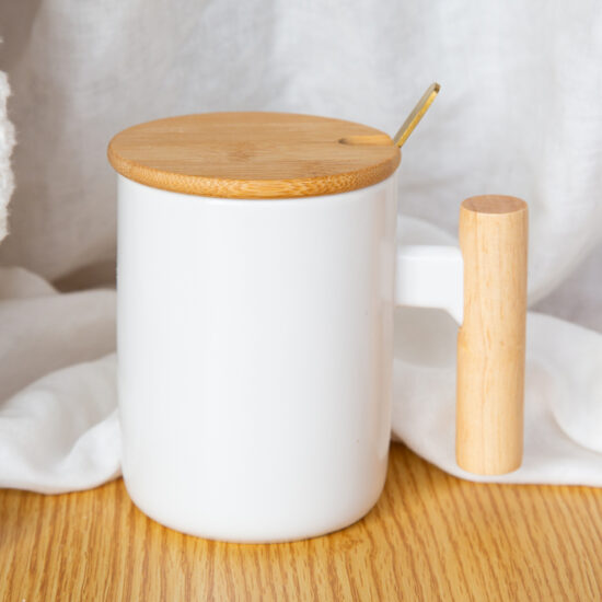 Ceramic Mug with Wooden Handle and Lid for Coffee or Tea