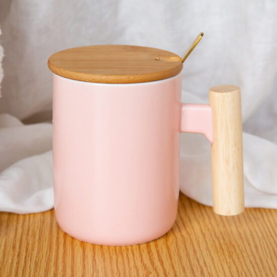 Ceramic Mug with Wooden Handle and Lid for Coffee or Tea