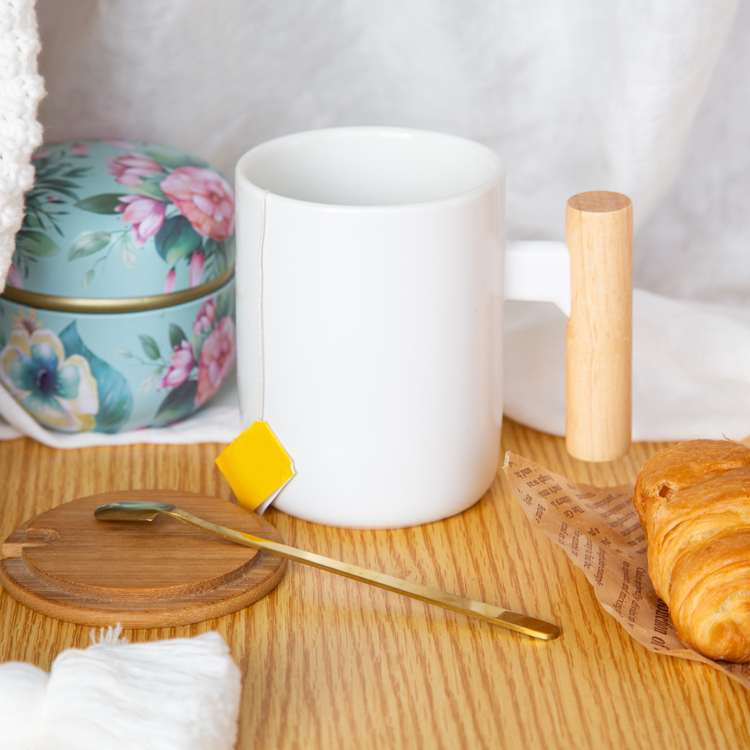 Ceramic Mug with Wooden Handle and Lid for Coffee or Tea