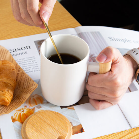 Ceramic Mug with Wooden Handle and Lid for Coffee or Tea