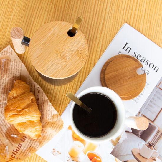 Ceramic Mug with Wooden Handle and Lid for Coffee or Tea