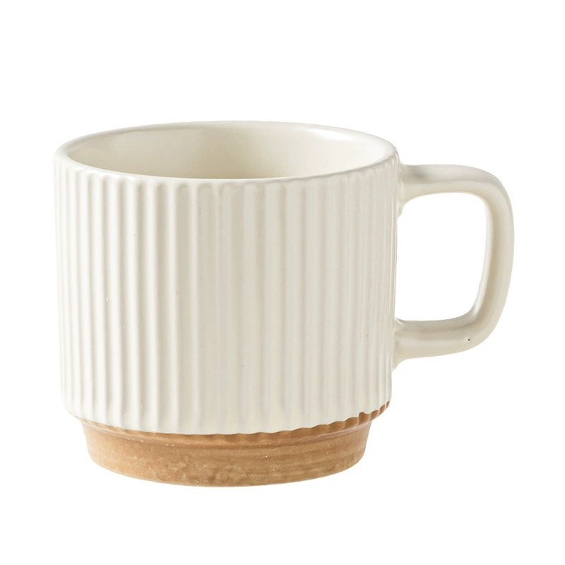 Single ribbed ceramic mug with wood color base on white background